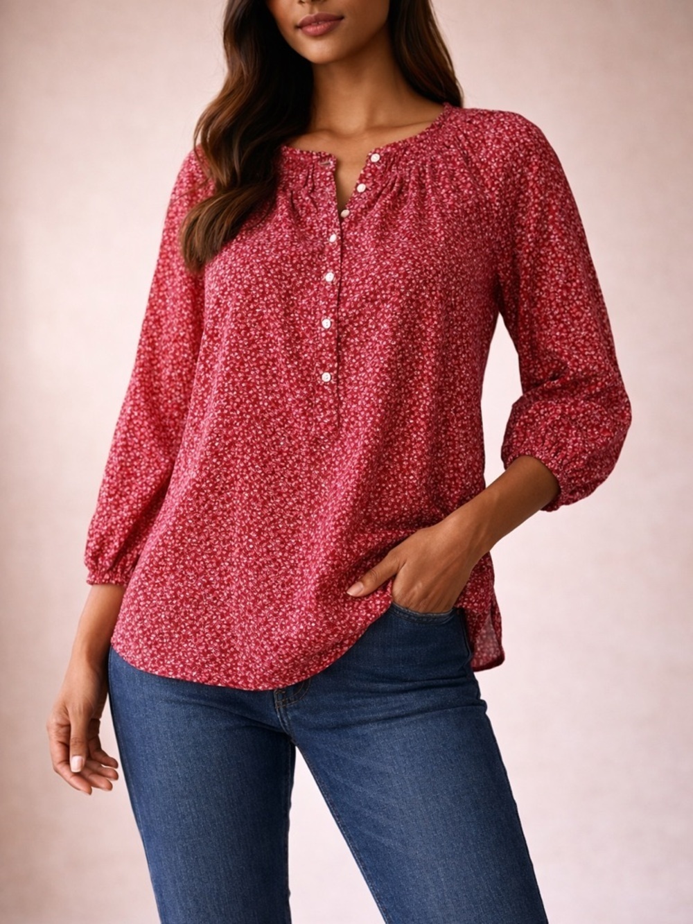 CHAPS Red Floral Blouse Cottagecore Boho Top Size Large